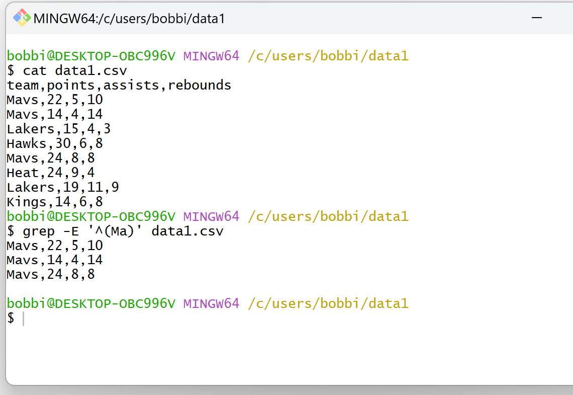 Bash filter lines starting with