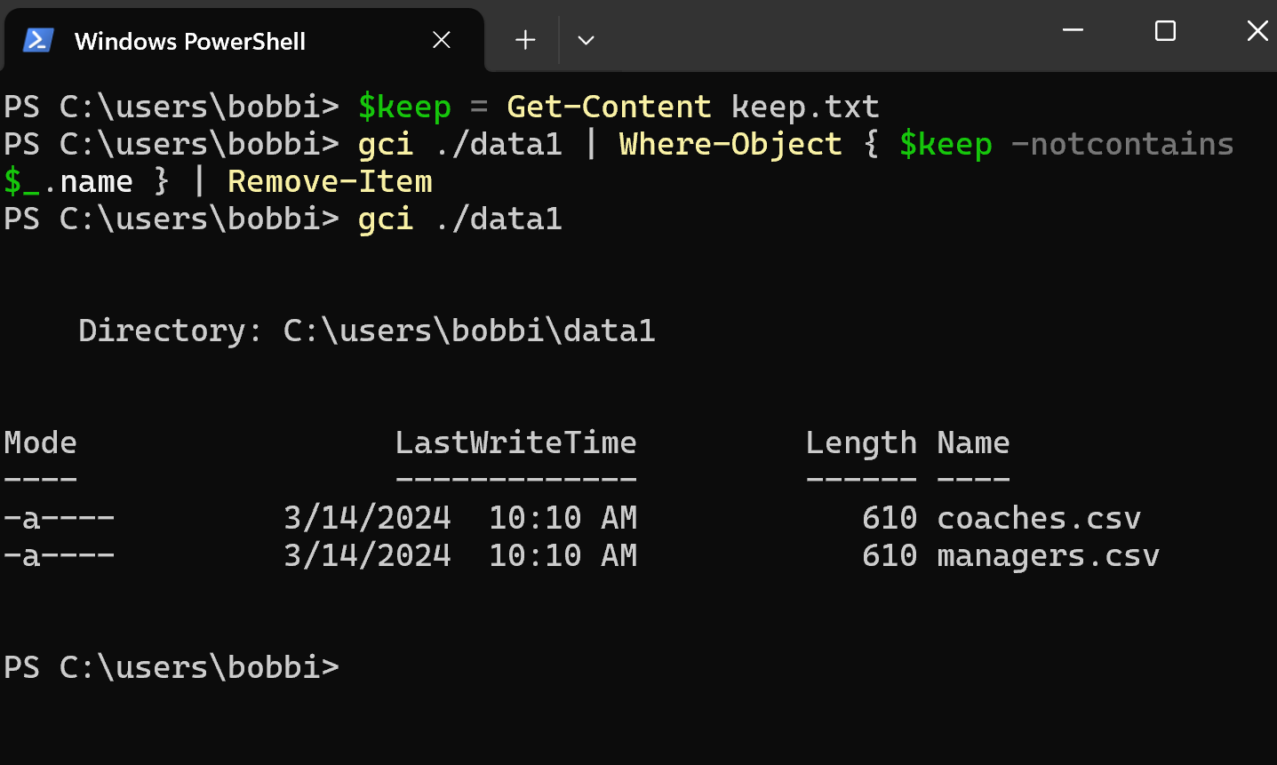 PowerShell delete all files not in a list